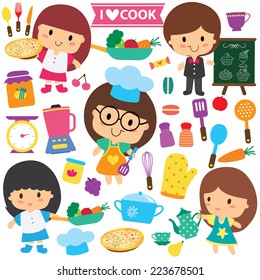 chef kids and kitchen elements clip art set