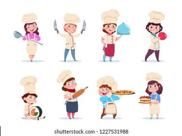 Chef kids. Little smiling boy and girl kitchen workers with dishes and cooking tools. Cartoon children cooks vector set