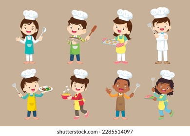 Chef kids. Little smiling boy and girl kitchen workers and cooking tools character