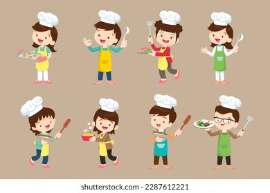 Chef kids. Little smiling boy and girl kitchen workers and cooking tools character