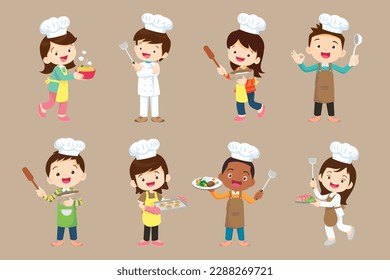 Chef. Niños y niñas sonrientes trabajadores de cocina y personaje de herramientas de cocina