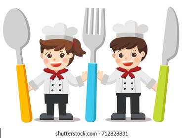 Chef Kids Menu. Children With Knife, Spoon And Fork.