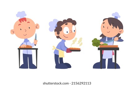 Chef kids in uniform cooking tasty dishes in the kitchen cartoon vector illustration