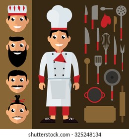 Chef and kitchen accesories in flat design style