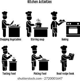 Conjunto de iconos de actividades de cocina de chef y preparación de alimentos