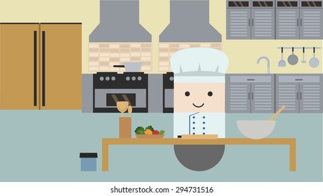 Chef In Kitchen. Flat style vector illustration.
