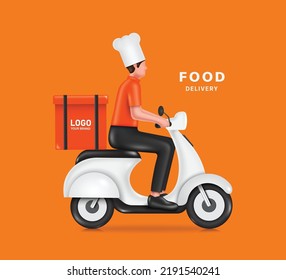 Chef in a kitchen hat is driving scooter or a motorcycle with a pocket for food in the back to deliver to customers by themselves,vector character 3d isolated on orange background for delivery concept