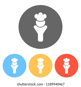 Chef of kitchen with hat. Kitchen logo, man icon. Set of white icons on colored circles