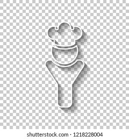 Chef of kitchen with hat. Kitchen logo, man icon. White outline sign with shadow on transparent background