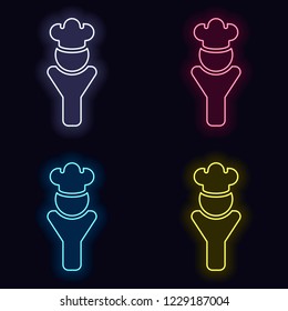 Chef of kitchen with hat. Kitchen logo, man icon. Set of neon sign. Casino style on dark background