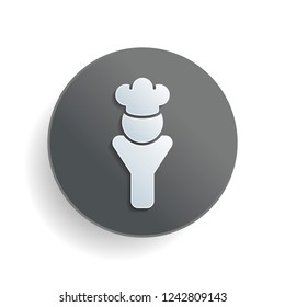 Chef of kitchen with hat. Kitchen logo, man icon. White paper symbol on gray round button or badge with shadow