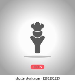 Chef of kitchen with hat. Kitchen logo, man icon. Icon under spotlight. Gray background
