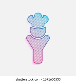 Chef of kitchen with hat. Kitchen logo, man icon. Colored logo with diagonal lines and blue-red gradient. Neon graphic, light effect
