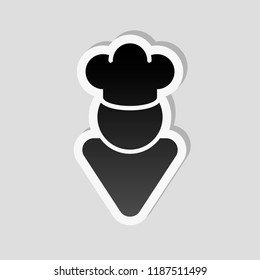 Chef of kitchen with hat. Kitchen logo, simple icon. Sticker style with white border and simple shadow on gray background