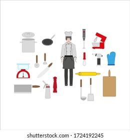Küchenchef und Küchenartikel-Kollektion. Illustration für Web- und Mobile-Design.