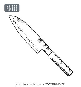 Chef kitchen knife sketch. Hand drawn kitchen tool sketch with outline. Isolated Vector big knife.