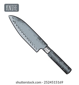 Chef kitchen knife sketch. Hand drawn kitchen tool sketch with outline. Isolated Vector big knife.