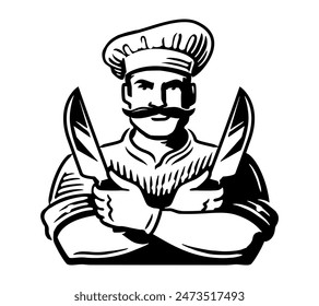 Chef with kitchen knives in his hands. Male cook in hat emblem. Vector drawing for restaurant or butcher shop menu