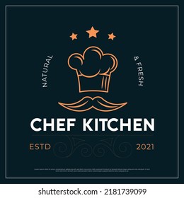 Chef Kitchen Logo Design template, Kitchen Logo vector template. Restaurant logo design template. Food center design template. chef hat icon. stars icon. dark background. logo vector illustration