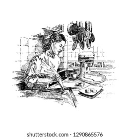 Chef in the kitchen preparing the dish of the day. Engraving.