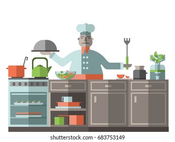 The chef is in the kitchen of the restaurant. A cook is standing by the stove and is preparing food. Vector illustration in flat style, isolated on white background.