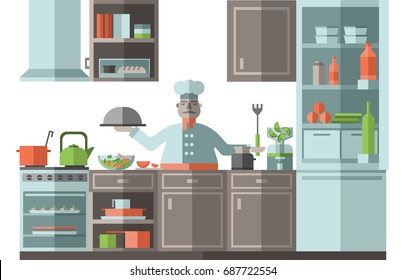 The chef is in the kitchen of the restaurant. A cook is standing by the stove and is preparing food. Vector illustration in flat style, isolated on white background.
