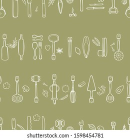 Chef and kitchen tools. Seamless horizontal vector pattern. Linear hand drawing on an olive background.
