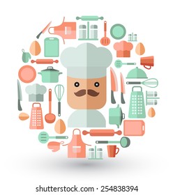 Chef and kitchen utensils : Flat Illustration