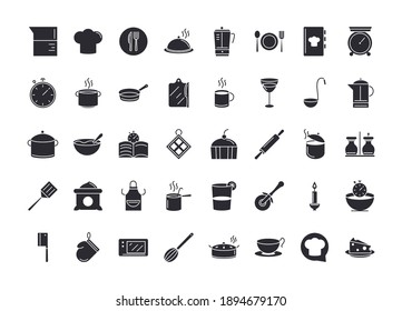 chef kitchen utensils icons collection hat fork knife clock pot saucepan ladle jar bowl vector illustration