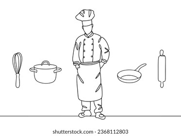 Chef and kitchen utensils. International Chefs Day. One line drawing for different uses. Vector illustration.