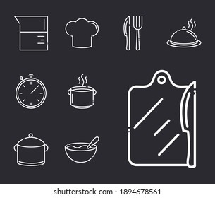 chef kitchen utensils jar fork spoon pot knife board cutting on black background icons set vector illustration
