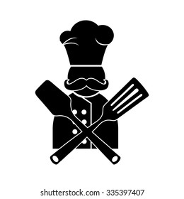 Chef with kitchen utensils vector icon.