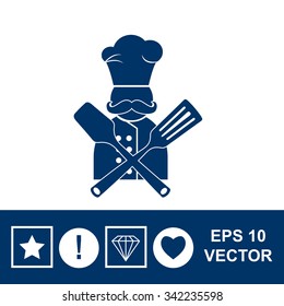 Chef with kitchen utensils vector icon.