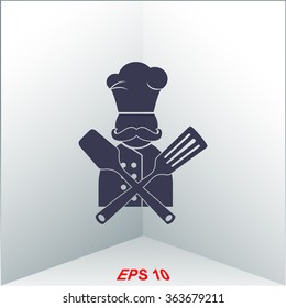 Chef with kitchen utensils vector icon.