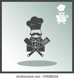 Chef with kitchen utensils vector icon.