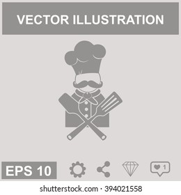 Chef with kitchen utensils vector icon.