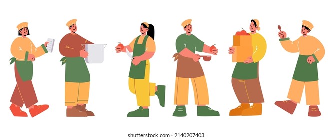 Chef y cocineros, personal de restaurante o cafetería. Ilustración vectorial plana del equipo de cocineros profesionales, mujeres y hombres en sombrero y delantal con olla de cocina, menú, cuchillo, cuchara y verduras