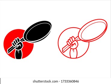 Chef / kitchener's hand holds frying pan logo vector illustration in two style