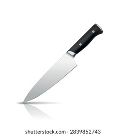 Chef Knife, 3d Vector Illustration. Kitchen Knife, Cooking Knife Isolated. Sharp Stainless Steel Blade with Black Handle for Cutting, Chopping, Slicing, Food Preparation and Culinary Design