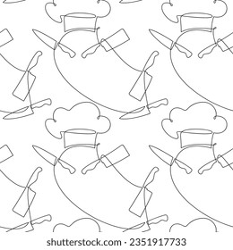 Chef knife, cleaver, hat seamless pattern vector. Line continuous drawing background. Kitchen outline backdrop, cooking wallpaper, fabric, textile, print, cafe, menu, dishware shop brochure.