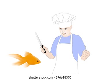 chef with knife and fork looking at a goldfish on a white background