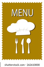 Chef knife and fork meal cards, hats, using gray as a background component.