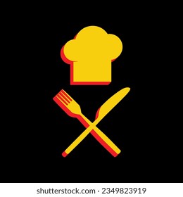 Chef with knife and fork sign. 3D Extruded Yellow Icon with Red Sides a Black background. Illustration.