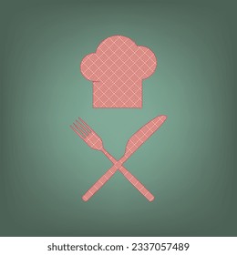 Chef con un signo de cuchillo y tenedor. Icono de albaricoque con motivos gráficos de parqué rojo ladrillo en un fondo de Ebony. Feldgrau. Verde. Ilustración.