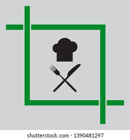 Chef with knife and fork sign. Black icon inside green crop tool at light gray background