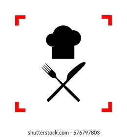 Chef with knife and fork sign. Black icon in focus corners on white background. Isolated.