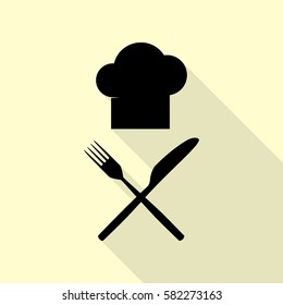 Chef with knife and fork sign. Black icon with flat style shadow path on cream background.