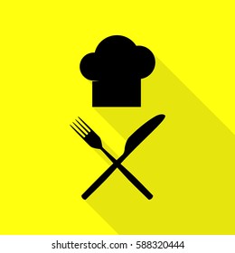Chef with knife and fork sign. Black icon with flat style shadow path on yellow background.