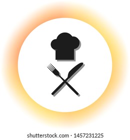 Chef with knife and fork sign. Dark icon with shadow on the glowing circle button. Illustration.