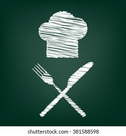 Chef with knife and fork sign. Flat style icon with chalk effect